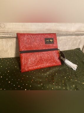 NWT Makeup Junkie Bag GOLD LABEL Tooled Red Leather SMALL